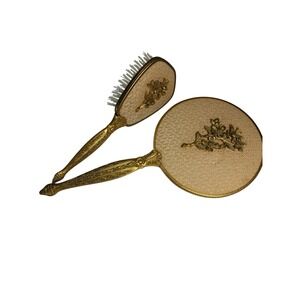 Vintage 1940s Matson Dogwood 24K Gold Plated Vanity Mirror & Brush